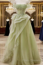 Cute Light Green A-Line Beaded Tulle Party Dress, Light Green Long Formal Prom Dress