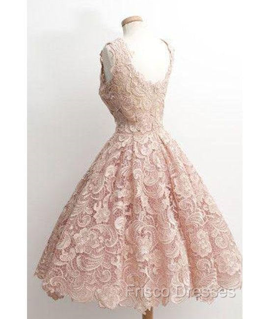 Cute Light Pink Lace Short Formal Prom Dress, Lace Bridesmaid Dress Secondary image