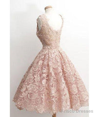 Cute Light Pink Lace Short Prom Dress, Lace Bridesmaid Dress
