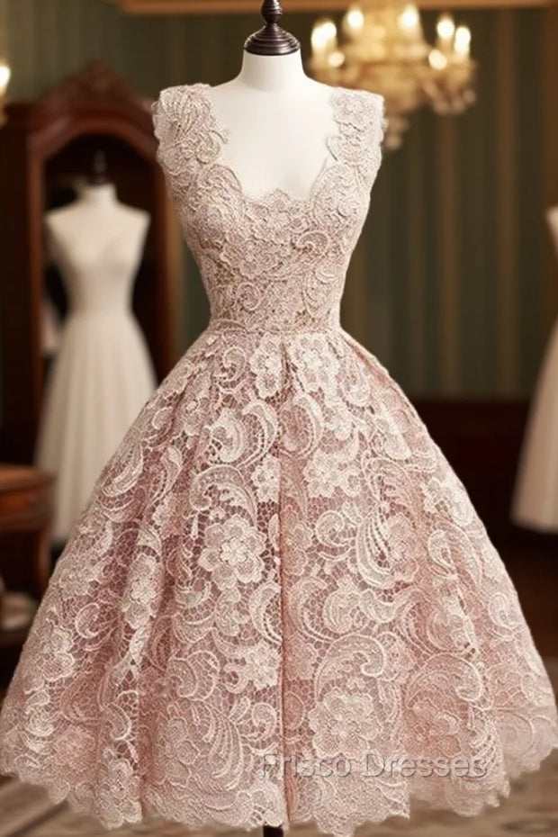 Cute Light Pink Lace Short Formal Prom Dress, Lace Bridesmaid Dress Main image