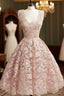 Cute Light Pink Lace Short Formal Prom Dress, Lace Bridesmaid Dress