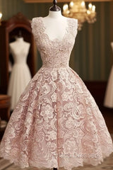 Cute Light Pink Lace Short Formal Prom Dress, Lace Bridesmaid Dress