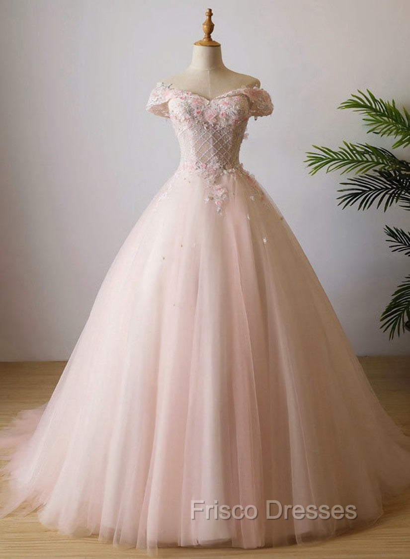 Cute Light Pink Tulle Flowers Off Shoulder Party Dress, Sweet 16 Gown Main image