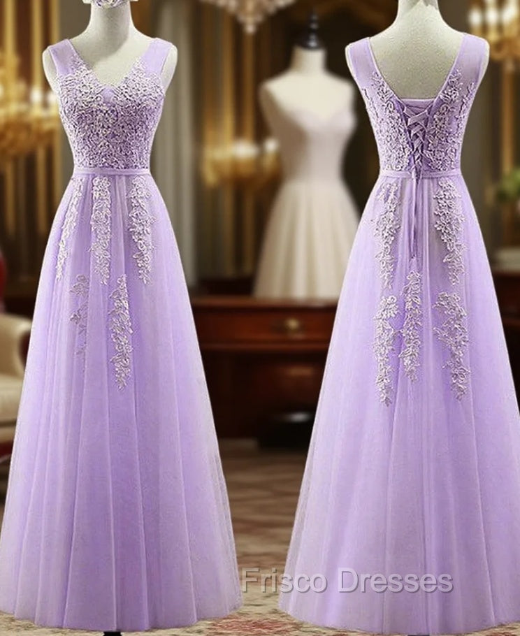 Cute Light Purple Tulle with Lace V-neckline Formal Prom Dress, Long Evening Gown Formal Dress Secondary image