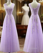 Cute Light Purple Tulle with Lace V-neckline Formal Prom Dress, Long Evening Gown Formal Dress