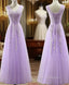 Cute Light Purple Tulle with Lace V-neckline Formal Prom Dress, Long Evening Gown Formal Dress