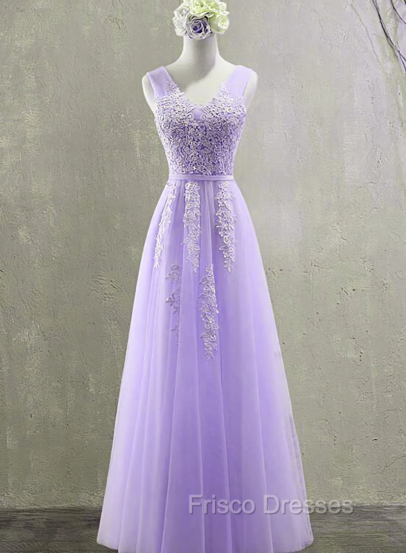 Cute Light Purple Tulle with Lace V-neckline Formal Prom Dress, Long Evening Gown Formal Dress Main image