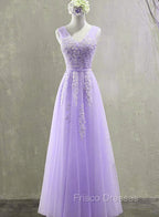Cute Light Purple Tulle with Lace V-neckline Formal Prom Dress, Long Evening Gown Formal Dress