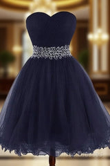 Cute Navy Blue Sweetheart Beaded Homecoming Dress, Short Formal Prom Dress