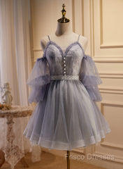 Cute Off Shoulder Tulle And Lace Straps Homecoming Dress, Short Formal Prom Dress