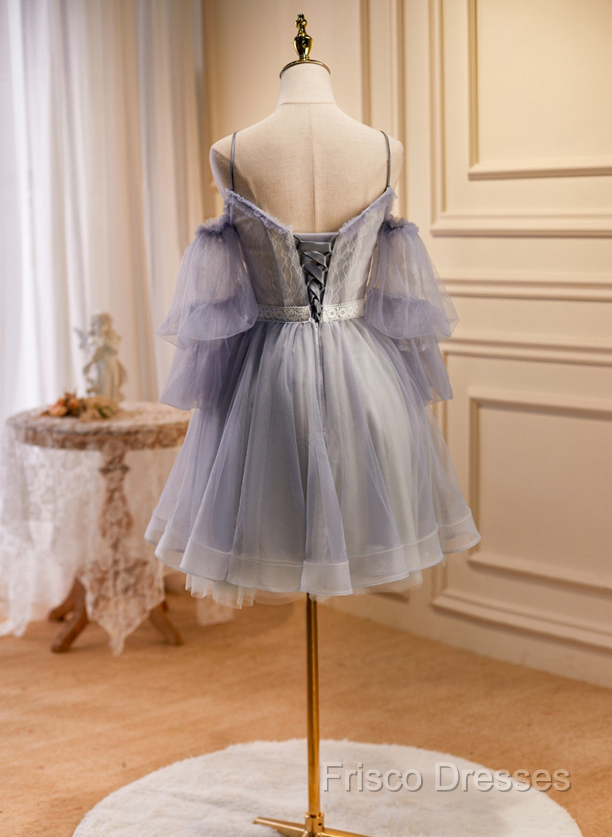 Cute Off Shoulder Tulle And Lace Straps Homecoming Dress, Short Formal Prom Dress
