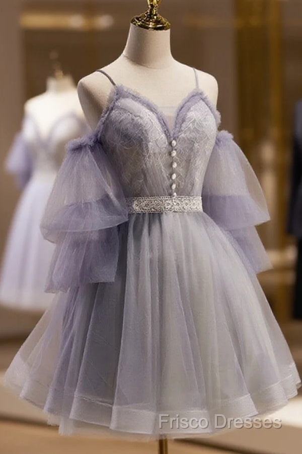 Cute Off Shoulder Tulle And Lace Straps Homecoming Dress, Short Formal Prom Dress Main image