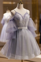 Cute Off Shoulder Tulle And Lace Straps Homecoming Dress, Short Formal Prom Dress