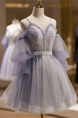 Cute Off Shoulder Tulle And Lace Straps Homecoming Dress, Short Formal Prom Dress