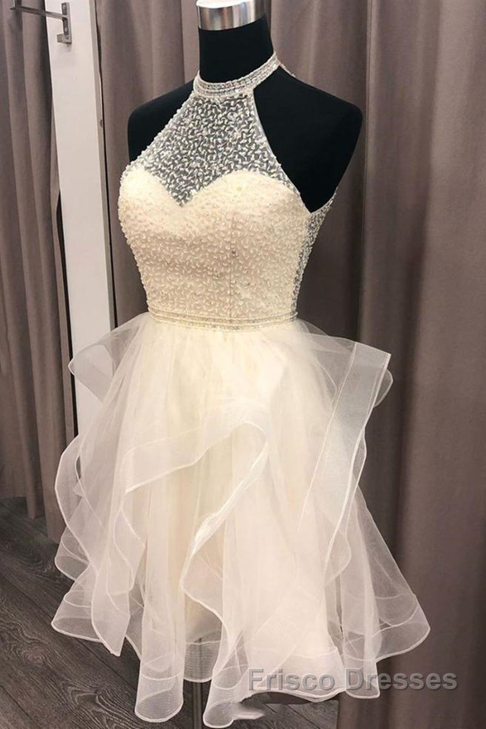 Cute Open Back Champagne Beaded Short Formal Prom Dresses, Fluffy Champagne Beaded Homecoming Dresses Secondary image