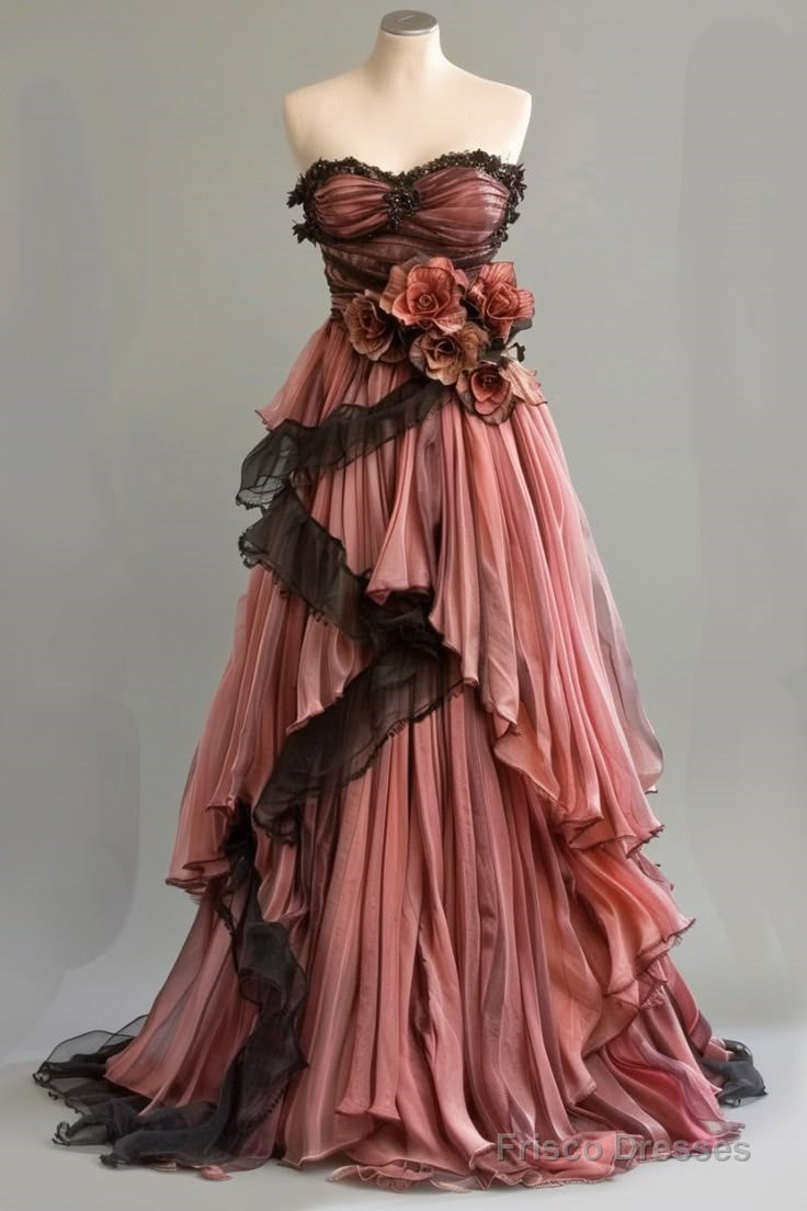 Cute Pink A-Line Strapless Chiffon Tulle Long Prom Dress Vintage Applique Birthday Prom Dress Main image