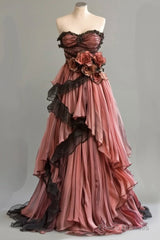 Cute Pink A-Line Strapless Chiffon Tulle Long Prom Dress Vintage Applique Birthday Prom Dress