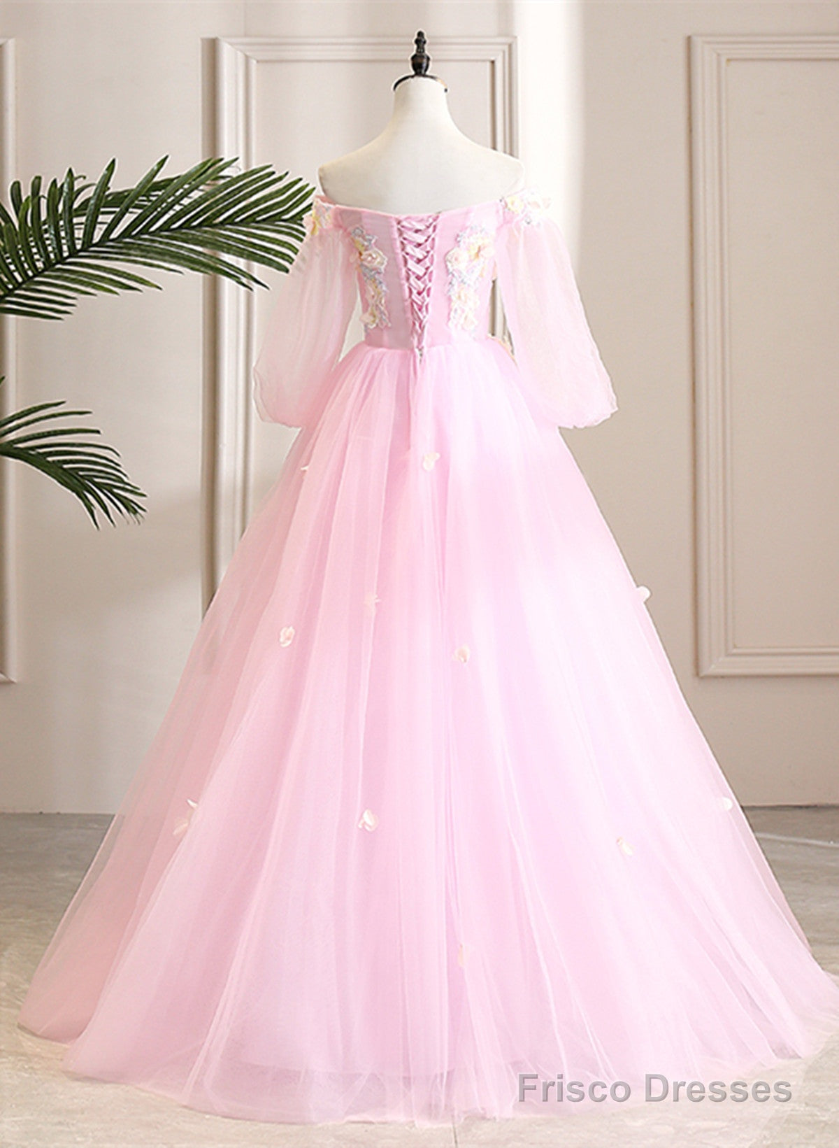Cute Pink Ball Gown Sweet 16 Dress With Flowers, Pink Tulle Long Formal Dress