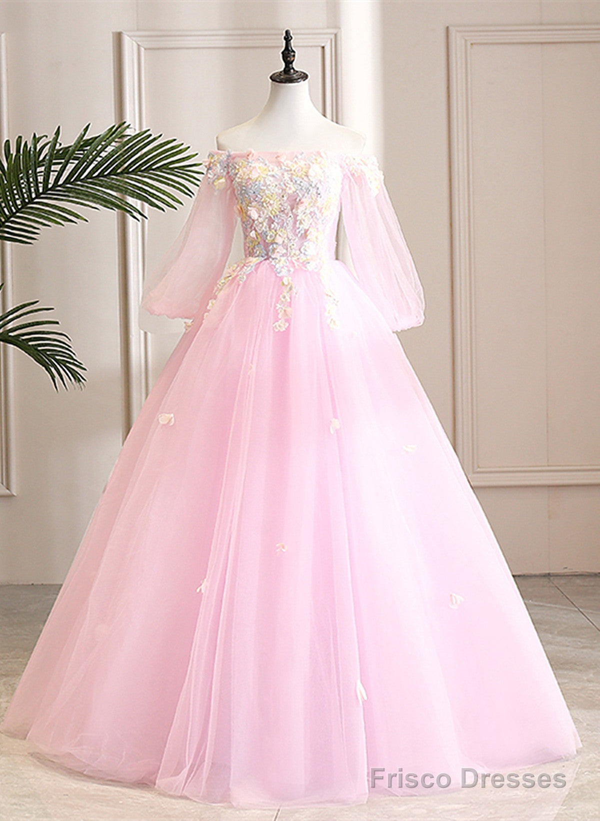 Cute Pink Ball Gown Sweet 16 Dress With Flowers, Pink Tulle Long Formal Dress Main image