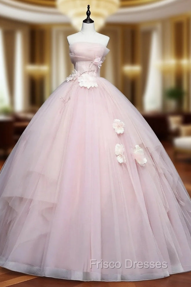 Cute Pink Ball Gown Tulle with Flowers Sweet 16 Dress, Pink Tulle Party Dress Main image