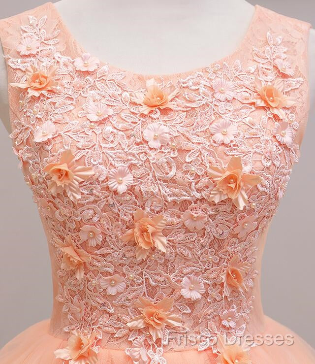 Cute Pink Flowers And Lace Applique Round Neckline Party Dress, Pink Homecoming Dress