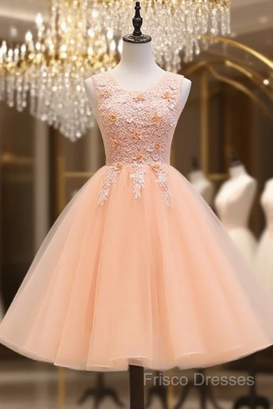 Cute Pink Flowers And Lace Applique Round Neckline Party Dress, Pink Homecoming Dress Main image