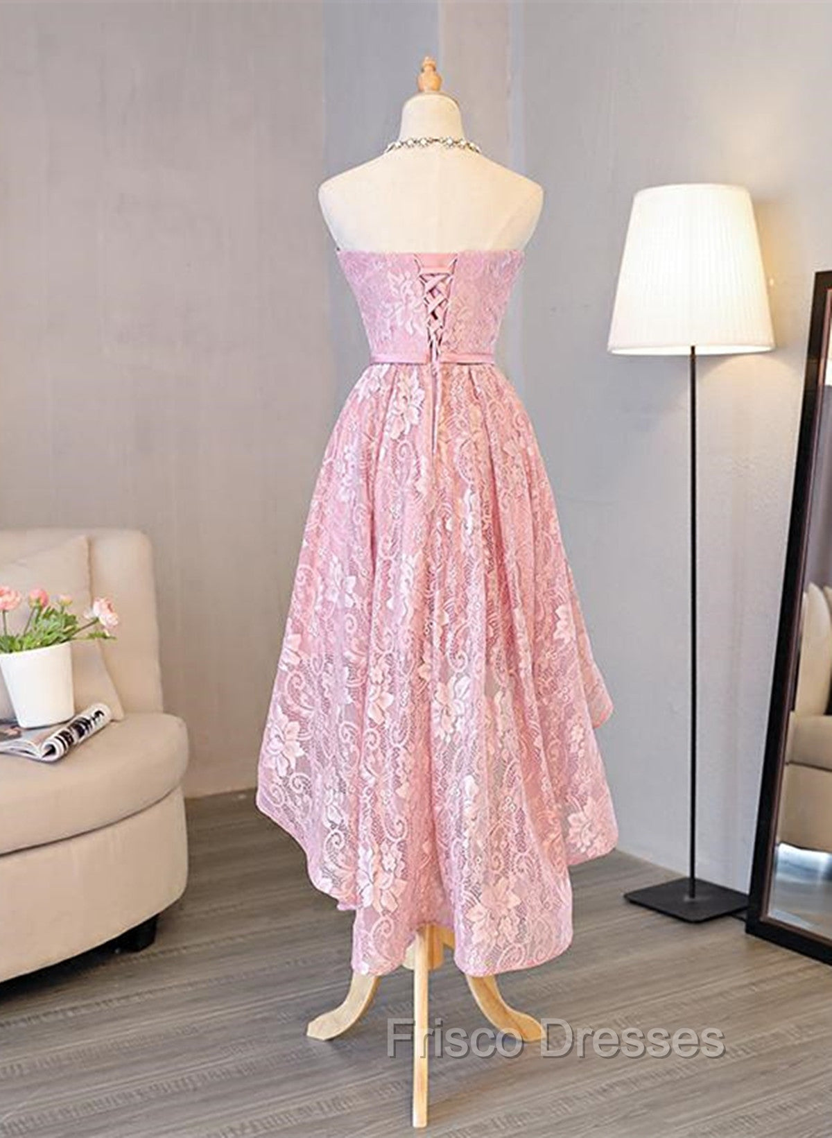 Cute Pink High Low Lace Scoop Homecoming Dress, Pink Short Formal Prom Dress
