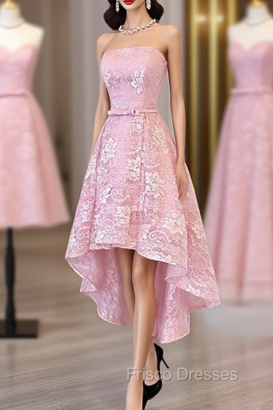Cute Pink High Low Lace Scoop Homecoming Dress, Pink Short Formal Prom Dress
