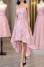 Cute Pink High Low Lace Scoop Homecoming Dress, Pink Short Formal Prom Dress