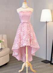 Cute Pink High Low Lace Scoop Homecoming Dress, Pink Short Formal Prom Dress