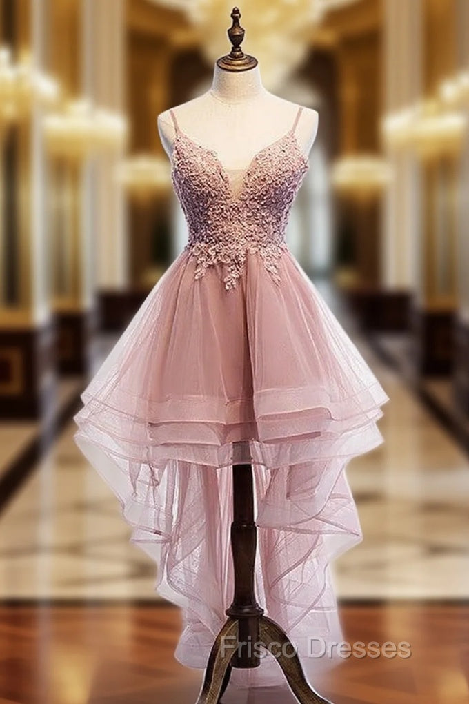 Cute Pink High Low Tulle with Lace Formal Prom Dress High Low Homecoming Dress Formal Prom Dress shops Main image