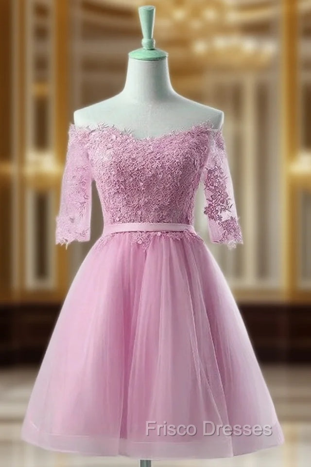 Cute Pink Knee Length Short Sleeves Party Dress, Tulle Formal Prom Dress