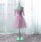 Cute Pink Knee Length Short Sleeves Party Dress, Tulle Formal Prom Dress