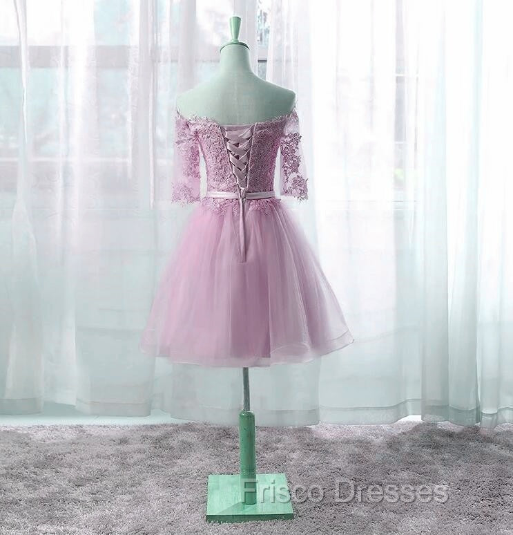 Cute Pink Knee Length Short Sleeves Party Dress, Tulle Formal Prom Dress