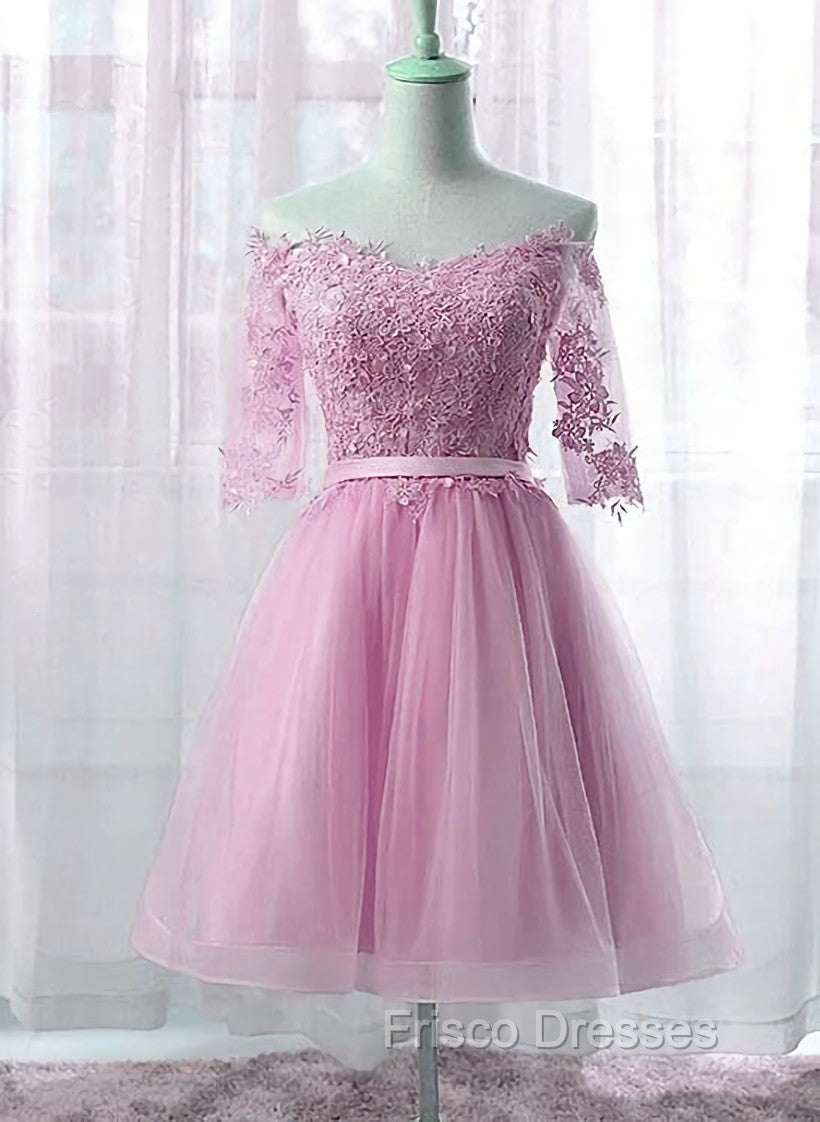 Cute Pink Knee Length Short Sleeves Party Dress, Tulle Formal Prom Dress Secondary image