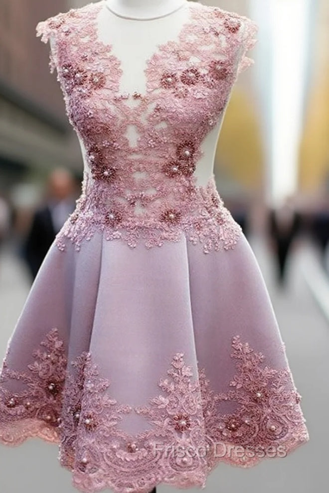 Cute Pink Lace Short Formal Prom Dress, Homecoming Dress