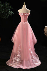 Cute Pink Off Shoulder High Low Tulle with Lace Party Dress, Pink Homecoming Dresses