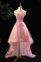Cute Pink Off Shoulder High Low Tulle with Lace Party Dress, Pink Homecoming Dresses