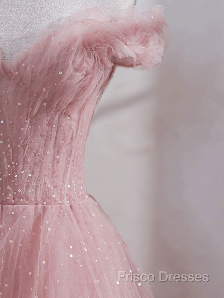 Cute Pink Princess Tulle Sequin Formal Prom Dress Off The Shoulder Formal Dress Secondary image