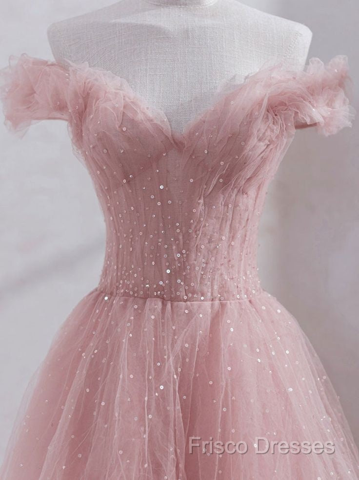Cute Pink Princess Tulle Sequin Formal Prom Dress Off The Shoulder Formal Dress