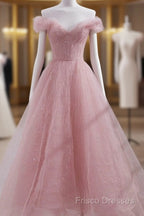 Cute Pink Princess Tulle Sequin Formal Prom Dress Off The Shoulder Formal Dress