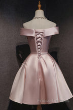 Cute Pink Satin Off Shoulder Knee Length Formal Dress, Lovely Formal Prom Dress