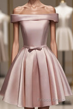 Cute Pink Satin Off Shoulder Knee Length Formal Dress, Lovely Formal Prom Dress