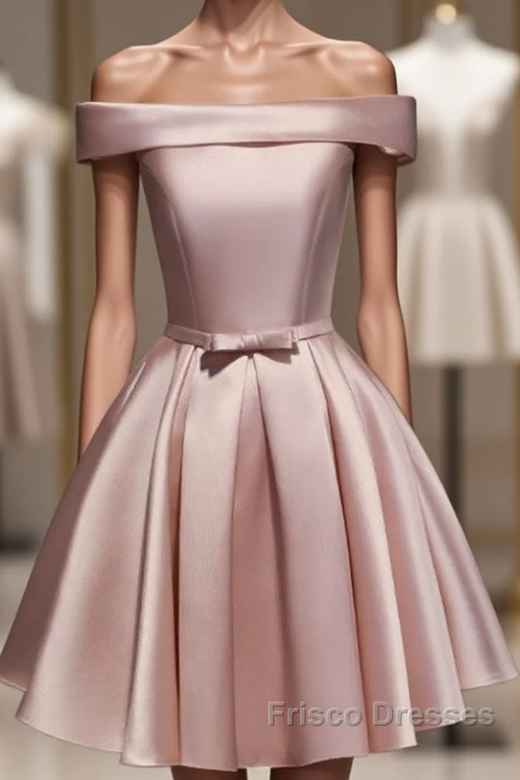 Cute Pink Satin Off Shoulder Knee Length Formal Dress, Lovely Formal Prom Dress