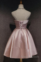 Cute Pink Satin Scoop Knee Length Short Formal Prom Dress Homecoming Dress, Pink Formal Dress