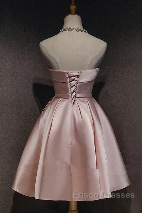 Cute Pink Satin Scoop Knee Length Short Formal Prom Dress Homecoming Dress, Pink Formal Dress