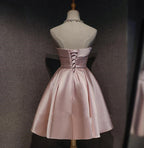 Cute Pink Satin Scoop Knee Length Short Prom Dress Homecoming Dress, Pink Formal Dresses