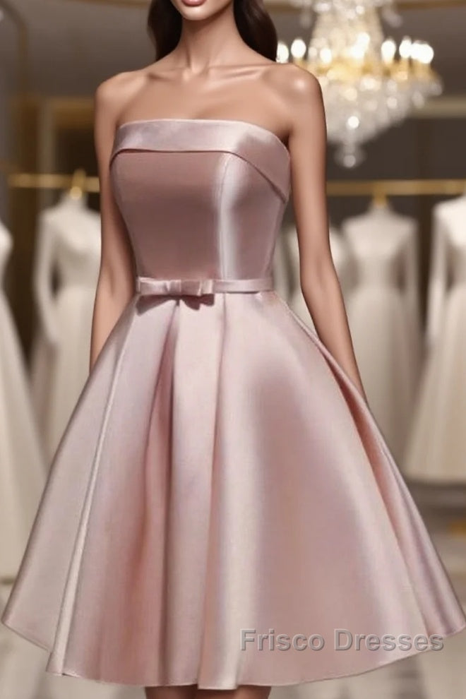 Cute Pink Satin Scoop Knee Length Short Formal Prom Dress Homecoming Dress, Pink Formal Dress Main image