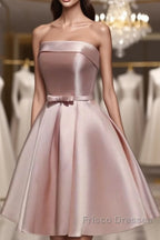 Cute Pink Satin Scoop Knee Length Short Formal Prom Dress Homecoming Dress, Pink Formal Dress