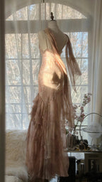 Cute Pink Shoulder Strap Flowing Ribbon Chiffon Beaded Long Prom Dress